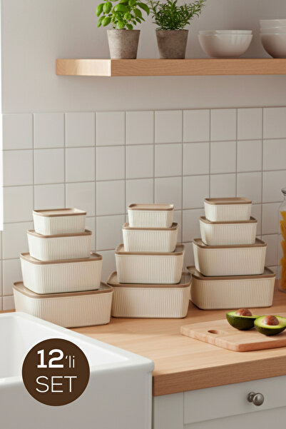Vienev 12'li Çizgili Dikdörtgen Saklama Seti Bej | 2.5L 1.5L 0.80L 0.45L | Mikrodalga ve Dondurucu Uyumlu