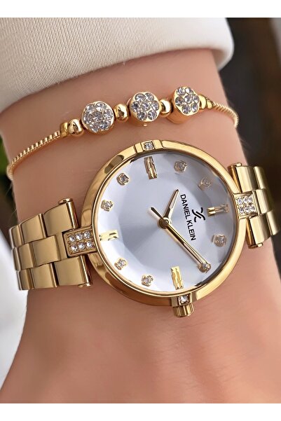 Daniel Klein Marka Kadın Kol Saati – Altın Renk Çelik Kordon – Kesme Cam & Taşlı Kadran