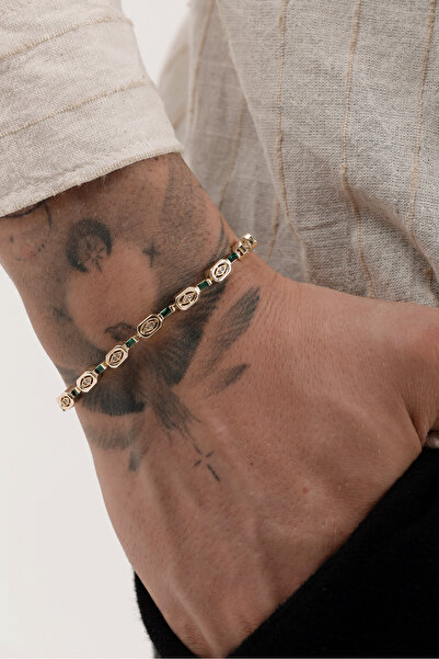 Fjellor Anárion Altın Renk Yeşil Detaylı Geometrik Taşlı Xuping Unisex Bileklik