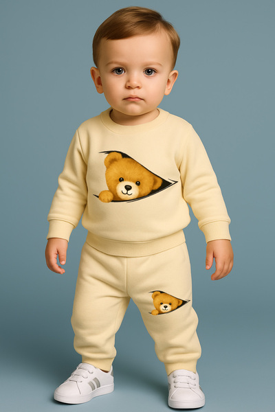 bebekpare Σετ αγοριού με μπλουζάκι και παντελόνι Teddy Bear Beige (Ύφασμα χωρίς σχέδιο) 100% βαμβάκι