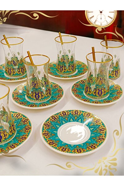 SAMSA Gold Pearl Turquoise Model Patterned Porcelain Plate Glass Cup 6 Person Tea Set