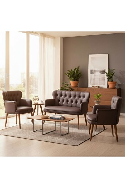 ARYANS HOME Kahverengi Deri Ahşap Ayaklı Kollu Ofis Koltuk Takımı Bekleme Sal...