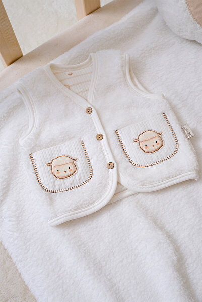 BABYLİM Unisex Baby Vest - Lamb Pocket, Embroidered Lined, Coconut Button