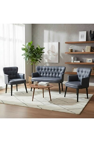 ARYANS HOME Ahşap Ayaklı Antrasit Gri Deri Ofis Koltuk Takımı Büro Koltuk Ve ...