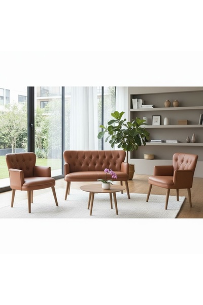 ARYANS HOME Taba Deri Ahşap Ayaklı Ofis Koltuk Takımı Büro Koltuk Ve Kanepele...