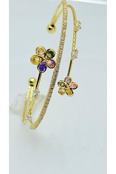 NİSA HOME Kadın Gold Renkli Zirkon Taşlı Renkli Papatya Model Kelepçe Bilekli...