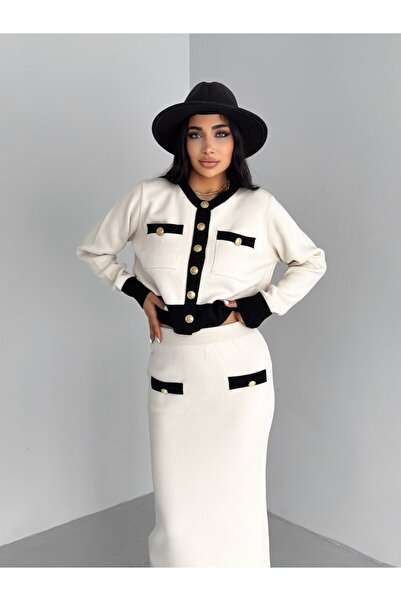 MAXXANA Gold Buttoned and Pocket Detailed Skirted Knitwear Set