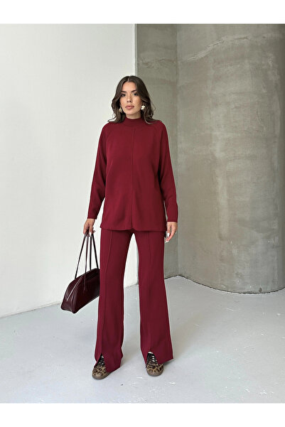 URİS طقم سويت شيرت نسائي نصف ياقة مدورة وبنطلون سفلي علوي - أحمر كلاريت