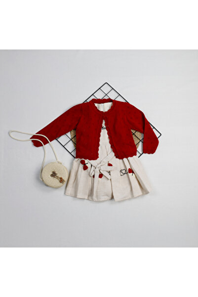 bebegci 3-Piece Girl's Set with Embroidery Detailed Cardigan Dress and Bag