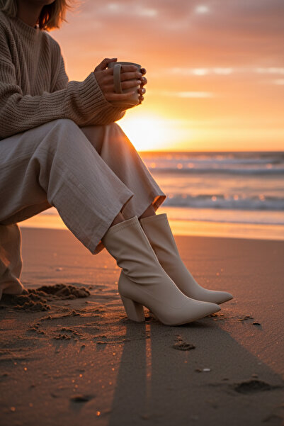 Von Bond Rogue Bej Günlük Fermuar Detaylı Kadın Streç Bot