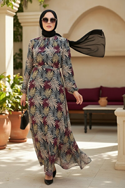 Neva Style Φόρεμα Hijab με μοτίβο λουλουδιών Claret Red 279076br