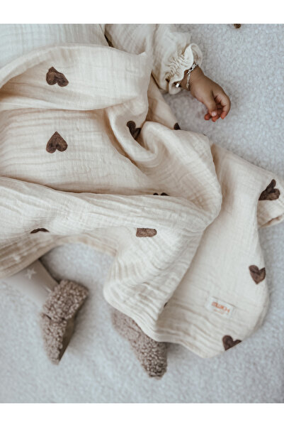 Muukh store %100 Pamuk Kahve Kalp Dört Kat Müslin Örtü & Battaniye | Anti-Ale...