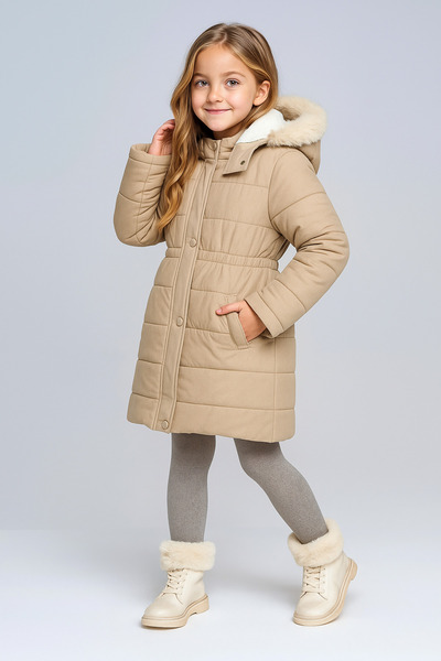 Mika Bebek & Çocuk سترة شتوية فاخرة مبطنة بالألياف السميكة ومقاومة للرياح والمطر للفتيات باللون البيج