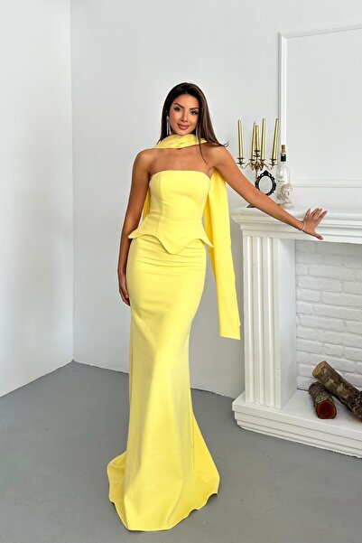 İyem Abiye Şallı Krep Düz Takım Görünümlü Tek Parça Tasarım Abiye Elbise Dar Kalıp