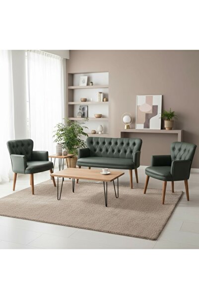 ARYANS HOME Yeşil Deri Ahşap Ayaklı Ofis Koltuk Takımı Büro Koltuk Ve Kanepel...