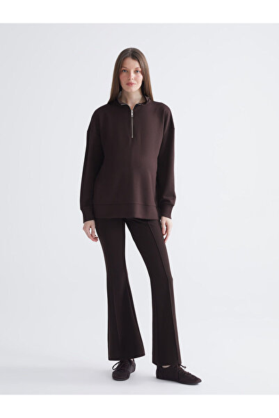 LC Waikiki Brown Maternity Leggings Pants with Belly Panel and Flared Legs