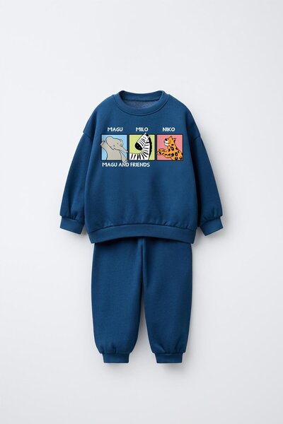 Magu Boy's Cotton Navy Blue and Friends Printed Sweatshirt Tracksuit Set