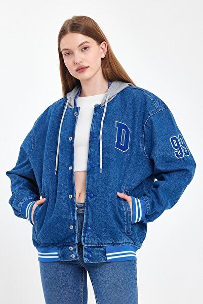 DAMGA JEANS Kadın JeanComfort Oversize Pamuklu Kapşonlu Kot Kolej Ceket