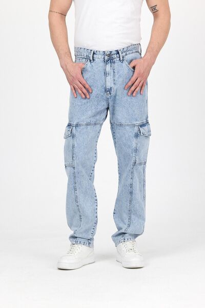 DAMGA JEANS Men's Wide Leg Cargo Pocket Jeans Ice Blue Baggy Trousers