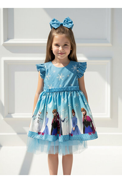 KUMRUNUN DÜNYASI Elsa ve Anna Baskılı Tokalı Arkası Fiyonklu Mavi Kabarık Tül...
