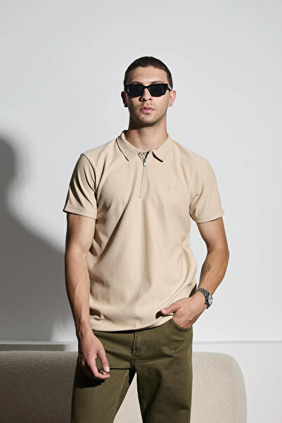 DAMGA JEANS Tricou pentru bărbați cu mânecă scurtă, cu fermoar, bej, cu gât polo