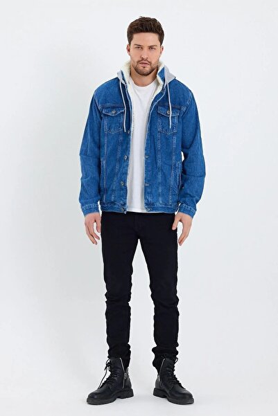 DAMGA JEANS Içi Kürklü Kapüşonlu Kot Mont Mavi