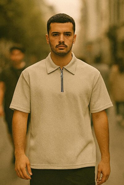 DAMGA JEANS Men's Half Zipper Basic Cream Polo Neck T-Shirt