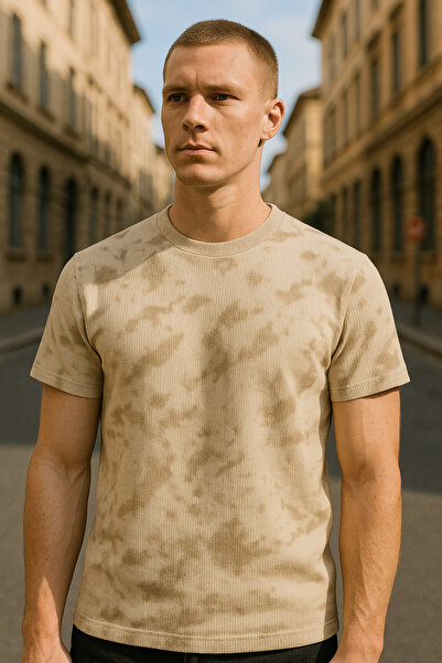 DAMGA JEANS Ανδρικό μπλουζάκι με μοτίβο παραλλαγής με κοντομάνικο κρεμ