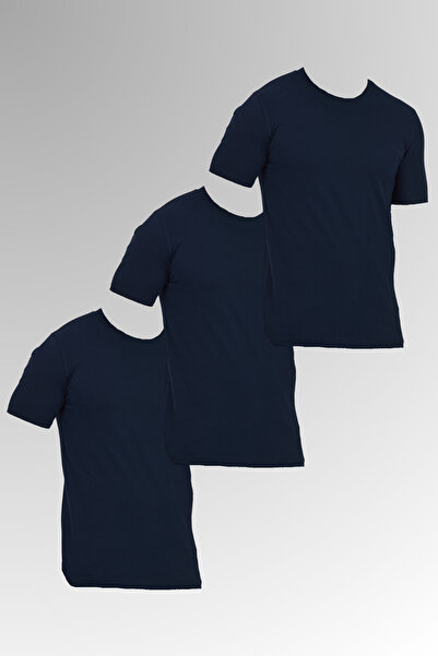 DAMGA JEANS Men's Cotton Crew Neck Short Sleeve Tight Summer 3-Piece Basic Navy Blue T-Shirt Pack