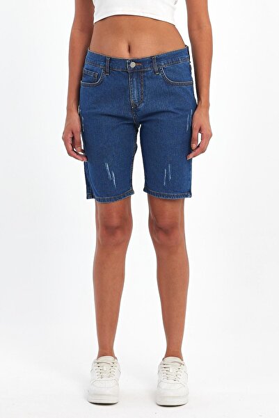 DAMGA JEANS JeanVibe ψηλόμεσο ελαστικό μπλε τζιν σορτς - μήκος μέχρι το γόνατο