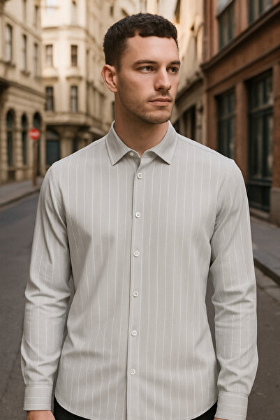 DAMGA JEANS Men's Basic Striped Long Sleeve Gray Loose Shirt