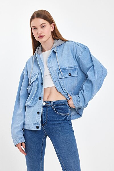 DAMGA JEANS سترة نسائية من قماش الدنيم بغطاء للرأس من القطن كبير الحجم من Jea...