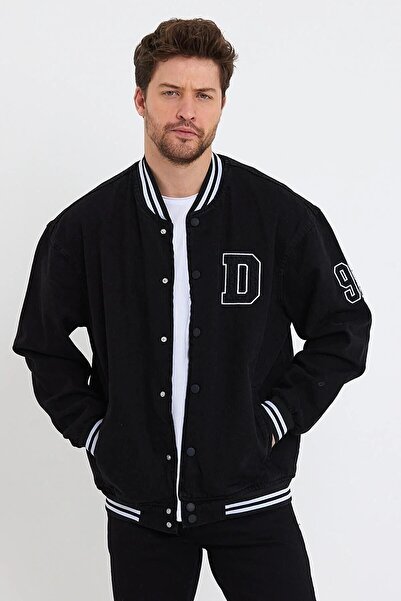 DAMGA JEANS Erkek Günlük Sokak Modası Rahat Oversize Siyah Kot Kolej Ceket