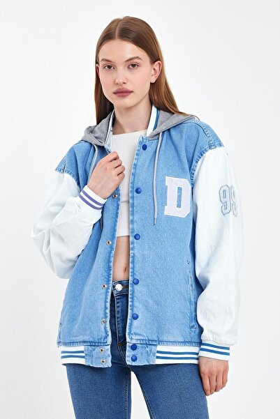 DAMGA JEANS Kadın JeanComfort Oversize Pamuklu Kapşonlu Kot Kolej Ceket