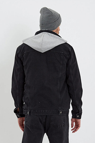 DAMGA JEANS Men's Fur-Trimmed Oversized Black Hooded Denim Jacket