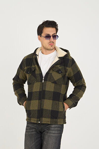 DAMGA JEANS Men's Oversize Fur Lined Hooded Plaid Khaki Lumberjack Jacket