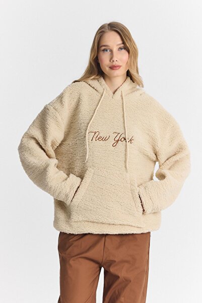 DAMGA JEANS Sevgili İçin Oversize Kapşonlu Krem Sweatshirt