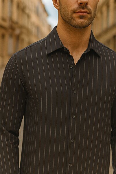 DAMGA JEANS Men's Basic Striped Long Sleeve Black Loose Shirt