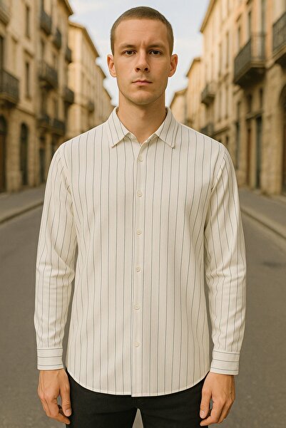 DAMGA JEANS Men's Basic Striped Long Sleeve White Loose Shirt