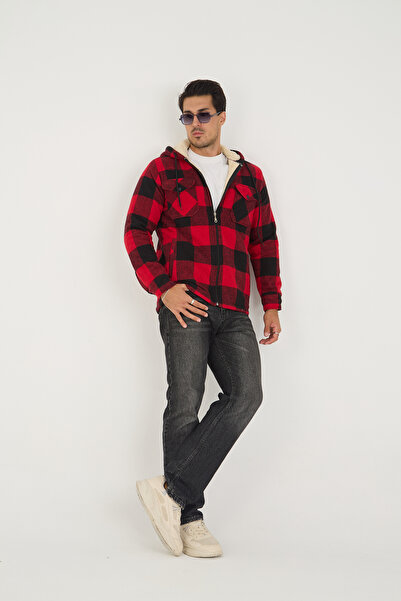 DAMGA JEANS Men's Oversize Fur Lined Hooded Plaid Red Lumberjack Jacket