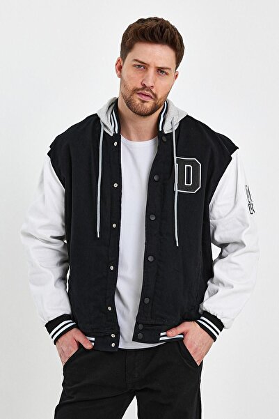 DAMGA JEANS Içi Kürklü Kapüşonlu Kolej Mont Siyah-beyaz