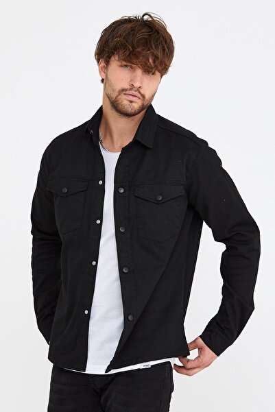 DAMGA JEANS Cămașă de blugi neagră pentru bărbați - Buzunar dublu, croială ob...