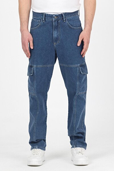 DAMGA JEANS Men's Wide Leg Cargo Pocket Jeans Blue Baggy Trousers