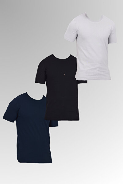DAMGA JEANS Men's Cotton Crew Neck Short Sleeve Tight Summer Navy Blue - Black - Gray 3-Piece Basic T-Shirt Pack