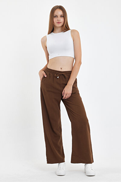 DAMGA JEANS Kadın Palazzo Yazlık Beli Lastikli Pamuklu Bol Paça Baggy Pantolon
