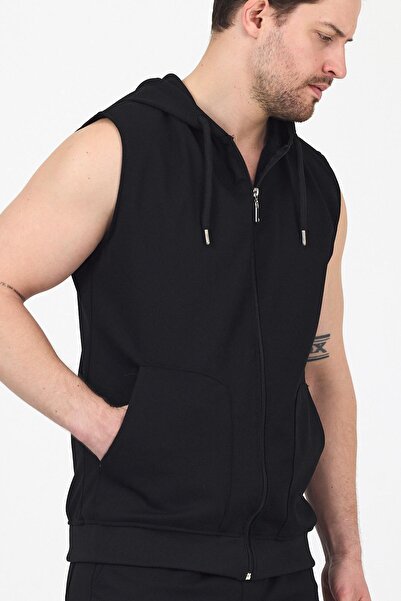 DAMGA JEANS Men's Hooded Sleeveless Zippered Summer Long Black Sweat Vest