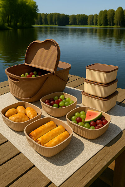 İ&A HOME 9 Parça Şık ve Kullanışlı Piknik Sepeti – kahve krem renk | Modern Tasarım