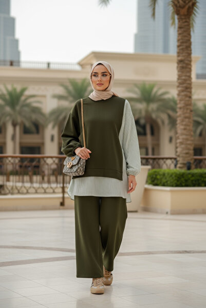 Aselim Hijap Moda Line Shirt Detailed Tunic Double Suit |   Green with Pockets, Wide Legs and Tunic