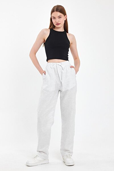 DAMGA JEANS Ψηλόμεσο λευκό βαμβακερό παντελόνι Pallazzo - Καλοκαιρινό σχέδιο ...