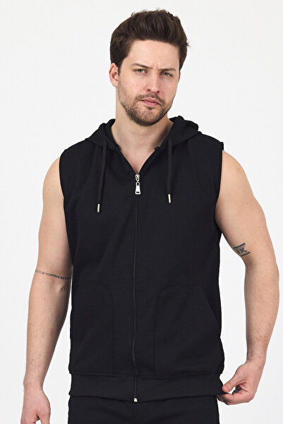 DAMGA JEANS Men's Hooded Sleeveless Zippered Summer Long Black Sweat Vest